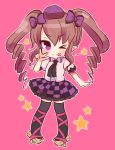 1girl ;q black_legwear bow brown_hair checkered checkered_skirt deformed geta hair_bow hat himekaidou_hatate marshmallow_mille one_eye_closed pointy_ears skirt solo star tokin_hat tongue tongue_out touhou twintails violet_eyes 