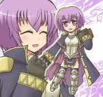 1girl armor armored_boots armored_dress book breastplate catalina chibi cloak closed_eyes fire_emblem fire_emblem:_kakusei fire_emblem:_shin_monshou_no_nazo holding holding_book multiple_views projected_inset purple_background purple_hair reverse_(bluefencer) short_hair smile thigh-highs violet_eyes 