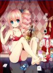  1girl :q bare_legs barefoot blue_eyes bottle bra card chris_(kore_wa_zombie_desu_ka?) drill_hair gyaza holding kore_wa_zombie_desu_ka? looking_at_viewer navel panties pink_hair playing_card reflection side_ponytail smile solo tongue tongue_out twin_drills underwear 
