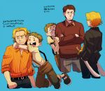 3boys diego_(ice_age) hug humanization ice_age_(movie) male manfred_(ice_age) multiple_boys personification sidney_(ice_age) suspenders t_k_g translation_request 