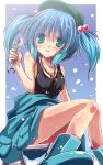  1girl aqua_eyes black_shirt blue_background blue_hair boots breasts cleavage glint gradient gradient_background hair_bobbles hair_ornament hat kawashiro_nitori key knees_together_feet_apart looking_at_viewer sitting sketch skirt smile solo tank_top touhou two_side_up wet wrench yamu_(reverse_noise) 