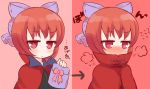  1girl blush bow cape deformed embarrassed hair_bow hidden_mouth marshmallow_mille presenting red_eyes redhead sekibanki short_hair solo sweat touhou 