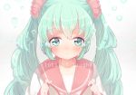  1girl green_eyes green_hair hatsune_miku kinokoko-kino long_hair looking_at_viewer solo tagme text twintails vocaloid water_drop 