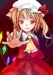  1girl ascot blonde_hair bow flandre_scarlet hat hat_bow laevatein miyo_(ranthath) open_hand red_eyes side_ponytail solo touhou wings 