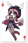  1girl ace_of_hearts animal_ears arm_behind_head between_breasts blush card chibi coat covered_navel detached_collar expressionless hat hata_no_kokoro hemogurobin_a1c long_hair mask necktie pantyhose pink_eyes pink_hair playing_card rabbit_ears sleeveless sleeveless_coat solo top_hat touhou wrist_cuffs 