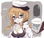  1girl admiral_(kantai_collection) admiral_(kantai_collection)_(cosplay) berukko blonde_hair blush book finger_to_mouth german glasses hair_ornament hairclip hat i-8_(kantai_collection) interlocked_fingers kantai_collection long_sleeves looking_at_viewer low_twintails military military_uniform nail_art naval_uniform peaked_cap red-framed_glasses semi-rimless_glasses smile swimsuit swimsuit_under_clothes twintails uniform 