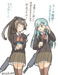  2girls aqua_hair blush comic hair_ornament hairclip kadokura_(whokdkr) kantai_collection kumano_(kantai_collection) long_hair miniskirt multiple_girls pleated_skirt ponytail simple_background skirt smile suzuya_(kantai_collection) thigh-highs translated white_background 