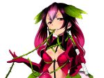  1girl ayakashi_onmyouroku between_breasts blush breasts cleavage gradient_hair holding impossible_clothes leaf long_sleeves midriff mouth_hold multicolored_hair official_art pink_eyes pink_hair puffy_long_sleeves puffy_sleeves purple_hair rose_whip_(ayakashi) sama solo thorns transparent_background vines whip 