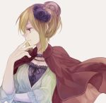  1girl axis_powers_hetalia blonde_hair capelet finger_to_mouth flower france_(hetalia) genderswap hair_bun hair_flower hair_ornament long_hair payot profile purple_hair purple_rose ribbon rose smile solo wowishi 