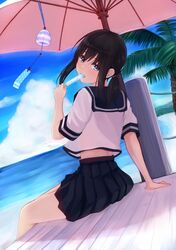  1girl 96tuki arm_support beach black_eyes black_hair eating fubuki_(kantai_collection) highres horizon kantai_collection looking_at_viewer looking_back ocean ponytail popsicle revision school_uniform serafuku sitting sky solo summer tagme 