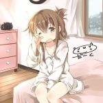  1girl brown_eyes brown_hair curtains darkside drawer dress_shirt folded_ponytail inazuma_(kantai_collection) kantai_collection no_pants one_eye_closed open_mouth shirt sitting_on_bed sleeping solo window yawning 