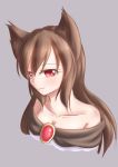  1girl absurdres animal_ears bare_shoulders breasts brooch brown_hair bust cleavage collarbone dior-zi dress grey_background highres imaizumi_kagerou jewelry long_hair looking_at_viewer red_eyes simple_background smile solo touhou wolf_ears 