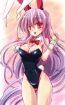  1girl animal_ears between_breasts bowtie breasts bunny_tail bunnysuit cleavage detached_collar long_hair purple_hair rabbit_ears red_eyes reisen_udongein_inaba tail touhou wrist_cuffs yamu_(reverse_noise) 