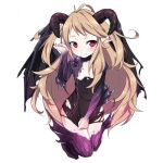  1girl ahoge ayakashi_onmyouroku bat_wings behemoth_(ayakashi_onmyouroku) black_dress blonde_hair blush demon_girl demon_horns dress dress_pull fins flat_chest full_body horns long_hair lowres official_art pointy_ears purple_legwear red_eyes sama simple_background smile solo thigh-highs torn_clothes torn_dress very_long_hair white_background wings 