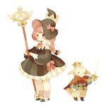  1girl bow braid brown_eyes brown_hair cloak crown dress frilled_dress frills hat heart long_hair original rabbit rapier solo staff striped striped_dress sword the_10th_step twin_braids weapon wings witch witch_hat 