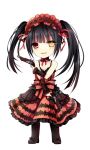  1girl :d black_hair chibi date_a_live dual_wielding full_body gothic_lolita gun gyaza hairband handgun heterochromia lolita_fashion lolita_hairband long_hair open_mouth simple_background smile solo standing tagme tokisaki_kurumi twintails weapon white_background 