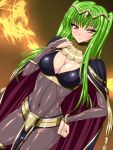  1girl anzu_(onelelee) blush bodysuit breasts bridal_gauntlets c.c. cape circlet cleavage code_geass cosplay covered_navel fire_emblem fire_emblem:_kakusei green_hair hand_on_hip highres hime_cut large_breasts light_smile loincloth long_hair see-through skin_tight solo tharja tharja_(cosplay) yellow_eyes 