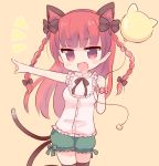  1girl alternate_hairstyle animal_ears balloon blush_stickers braid casual cat_ears cat_tail deformed fang kaenbyou_rin marshmallow_mille pointing red_eyes redhead solo tail touhou twin_braids 