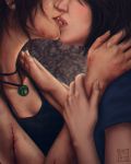 2girls hand_on_another&#039;s_neck head_out_of_frame incipient_kiss injury jewelry lara_croft multiple_girls necklace parted_lips realistic samantha_nishimura tomb_raider trixia yuri 