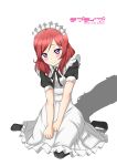  1girl absurdres apron black_legwear blush bow copyright_name highres looking_at_viewer love_live!_school_idol_project maid maid_headdress nishikino_maki pantyhose redhead shadow short_hair sitting smile solo violet_eyes wariza white_background wkdnlwoddl 