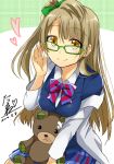  1girl adjusting_glasses bespectacled blush bow brown_eyes brown_hair glasses hair_bow labcoat long_hair looking_at_viewer love_live!_school_idol_project minami_kotori side_ponytail skirt smile solo stuffed_animal stuffed_toy tarachine teddy_bear 