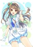  1girl :d bow brown_eyes brown_hair fingerless_gloves gloves hair_bow hair_ornament hair_ribbon hairclip hat long_hair looking_at_viewer love_live!_school_idol_project minami_kotori natsu_natsuna necktie open_mouth ribbon scarf side_ponytail smile solo standing twitter_username white_background white_gloves wonderful_rush 