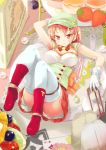  1girl arm_up blush boots breasts cabbie_hat candy card food fruit gloves hat hourglass long_hair looking_at_viewer lying minigirl on_back orange_hair original personification pink_eyes playing_card pocket_watch porurin_(do-desho) shorts smile solo strawberry teabag teaspoon thigh-highs watch white_gloves white_legwear 