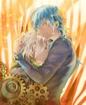  2boys amputee android blue_hair clear_(dramatical_murder) dramatical_murder gears hug multiple_boys parts_exposed sagua_(artist) seragaki_aoba spoilers tears white_hair yellow_eyes 