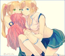  2girls america_(hetalia) arm_around_neck axis_powers_hetalia blonde_hair blue_eyes blue_skirt blush breasts cheerleader cleavage collarbone crop_top genderswap green_eyes hair_ornament hand_on_another&#039;s_knee long_hair midriff miniskirt multiple_girls navel pleated_skirt pom_poms short_hair skirt star star_hair_ornament twintails twitter_username united_kingdom_(hetalia) wowishi 