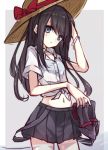  1girl aqua_eyes asashio_(kantai_collection) berukko black_hair black_skirt hand_on_own_head hat kantai_collection long_hair looking_at_viewer midriff pleated_skirt see-through shoes_removed skirt solo sun_hat suspenders tied_shirt wading 