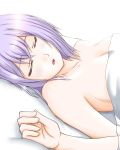  1girl armpits bed breasts cardfight!!_vanguard cleavage closed_eyes collarbone lavender_hair open_mouth short_hair simple_background sleeping solo tokura_misaki white_background wolkenritter_vita1 