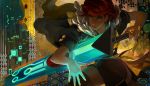  1girl blue_eyes building cityscape huge_weapon jen_zee lips nail_polish official_art red_(transistor) redhead short_hair sword the_transistor transistor_(game) weapon 