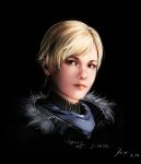  1girl absurdres black_background blonde_hair dated highres kaneko_xz looking_at_viewer parted_lips portrait realistic resident_evil resident_evil_6 sherry_birkin short_hair signature simple_background solo 