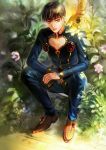  1boy alternate_hairstyle black_hair blue_eyes bush flower giorno_giovanna glenn343434 gold_experience jojo_no_kimyou_na_bouken scenery sitting stand_(jojo) 