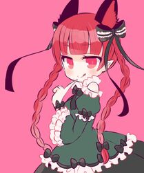  1girl :q animal_ears blush bow braid cat_ears finger_to_mouth hair_bow kaenbyou_rin long_hair marshmallow_mille red_eyes redhead sash solo tongue tongue_out touhou twin_braids 