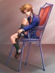  1boy blonde_hair chair child dio_brando hideki jojo_no_kimyou_na_bouken red_eyes shorts sitting solo tying_shoes younger 