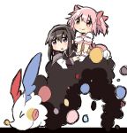  &gt;_&lt; 2girls akemi_homura black_hair blush bow bubble_skirt charlotte_(madoka_magica) choker gloves hair_bow hairband iwashi_(ankh) kaname_madoka long_hair looking_at_another looking_at_viewer magical_girl mahou_shoujo_madoka_magica multiple_girls pink_eyes pink_hair riding short_hair short_twintails simple_background smile tongue tongue_out twintails violet_eyes white_background white_gloves 