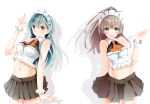  1girl :d adapted_costume aqua_hair artist_name breasts brown_hair commentary_request dated green_eyes kantai_collection large_breasts long_hair midriff open_mouth ponytail skirt smile solo suzuya_(kantai_collection) tbd11 thigh-highs wrist_cuffs zettai_ryouiki 