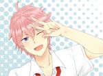  1boy blush free! male necktie open_mouth pink_hair school_uniform shigino_kisumi short_hair smile solo violet_eyes wink 