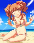  +_+ 1girl :d beach bikini breasts brown_hair flower hair_flower hair_ornament idolmaster idolmaster_cinderella_girls looking_at_viewer moroboshi_kirari ocean open_mouth red_eyes short_hair side-tie_bikini smile solo swimsuit tomason twintails 