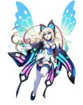  1girl artist_request azure_striker_gunvolt bare_shoulders blonde_hair breasts butterfly_hair_ornament butterfly_wings cleavage detached_sleeves hair_ornament long_hair lumen_(gunvolt) multicolored_hair official_art redhead simple_background solo thighhighs two-tone_hair wide_sleeves wings 