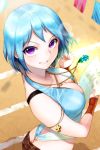 1girl bare_shoulders blue_hair breasts character_request cleavage female grin jewelry julion_(akesuzu) large_breasts necklace paper short_hair smile solo sword_girls violet_eyes 