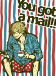  1boy artist_request blonde_hair closed_eyes coffee english hair_over_one_eye male one_piece phone sanji short_hair sitting smile smoking solo source_request striped 
