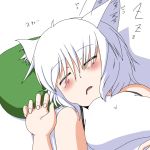  1girl animal_ears bare_shoulders blush breasts closed_eyes fangs inubashiri_momiji kawabe_(kureiawin) open_mouth saliva saliva_trail short_hair silver_hair simple_background sleeping solo touhou translation_request white_background wolf_ears 