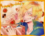  1boy artist_request birthday blonde_hair blush candy english food hair_over_one_eye happy_birthday male one_piece sanji smile solo source_request 