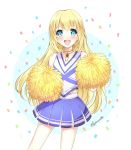  1girl :d akamomo alternate_costume blonde_hair blue_eyes blue_skirt blush cheerleader choker collet_brunel confetti happy long_hair open_mouth pom_poms signature skirt smile solo tales_of_(series) tales_of_symphonia 