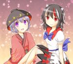  2girls black_hair bow bowl directional_arrow dress hat horns japanese_clothes kijin_seija kimono looking_at_viewer multicolored_hair multiple_girls obi open_mouth puchimirin purple_hair red_eyes redhead sash short_hair short_sleeves smile streaked_hair sukuna_shinmyoumaru touhou violet_eyes white_hair 