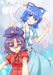  2girls :d blue_hair cleavage cloth drooling fang hand_on_another&#039;s_hat hat highres jiangshi kaku_seiga miyako_yoshika multiple_girls ofuda open_mouth outstretched_arms puchimirin puffy_short_sleeves puffy_sleeves purple_hair see-through short_hair short_sleeves smile touhou violet_eyes zombie_pose 