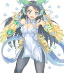  &gt;:d 1girl :d \m/ armor armpits bare_shoulders black_hair black_legwear blue_dress blue_eyes blush breasts china_dress chinese_clothes cleavage cowboy_shot double_\m/ dragon_girl dragon_horns dragon_tail dress elbow_gloves flower gloves hair_ornament head_fins highres horns karin_(p&amp;d) kukkumann long_hair looking_at_viewer open_mouth pantyhose puzzle_&amp;_dragons scales sleeveless sleeveless_dress smile solo spikes tail tail_ornament vambraces very_long_hair 