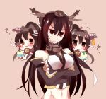  2girls :&lt; bare_shoulders brown_eyes brown_hair crossed_arms elbow_gloves fingerless_gloves flying_sweatdrops food gloves headgear ice_cream kantai_collection long_hair midriff multiple_girls nagato_(kantai_collection) navel ponytail sleeveless sweatdrop yamato_(kantai_collection) yomogi_mochi_(ikuyaairi) 